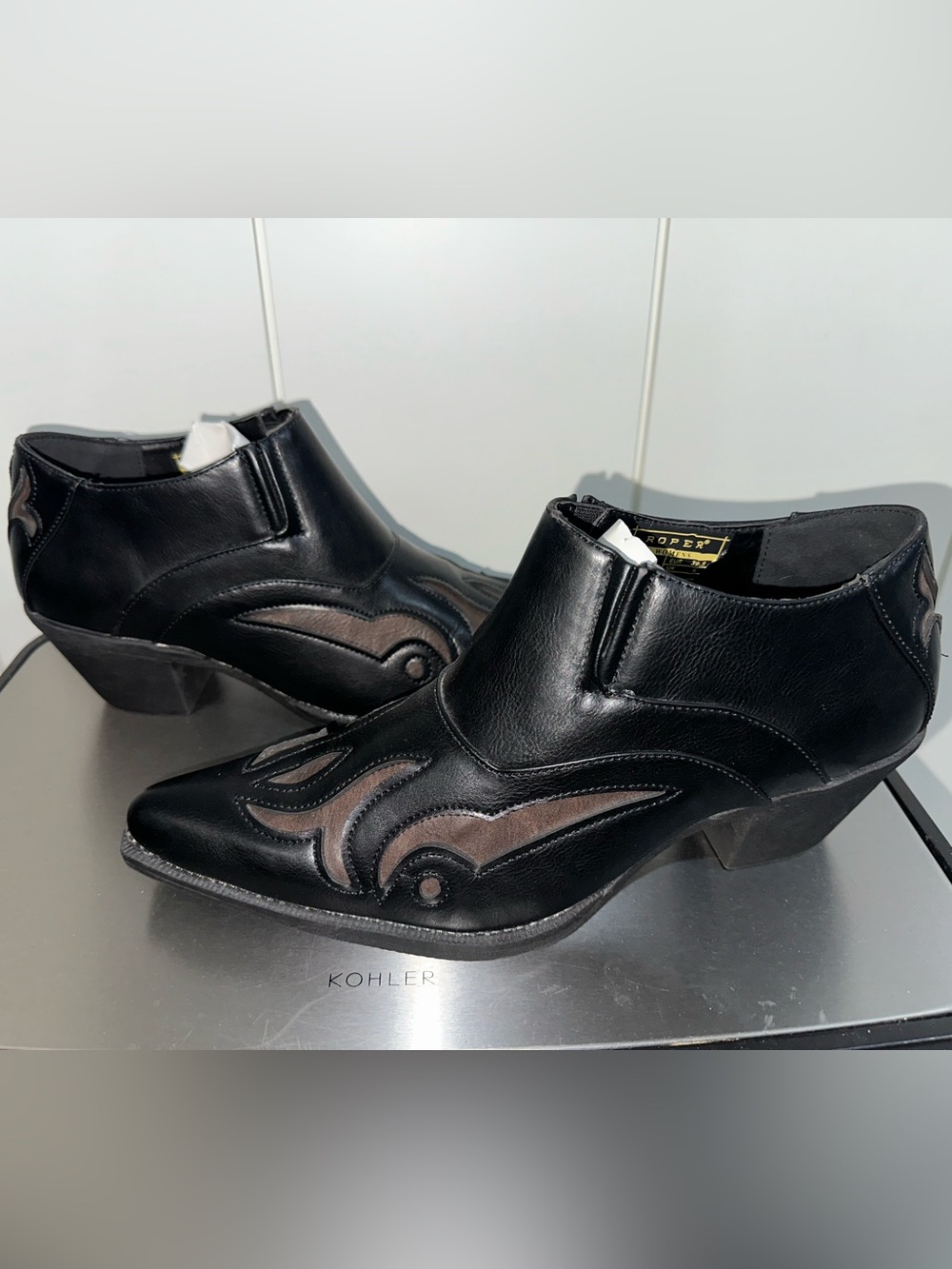 Roper Black Leather Western Ankle Boots with Brown Accent